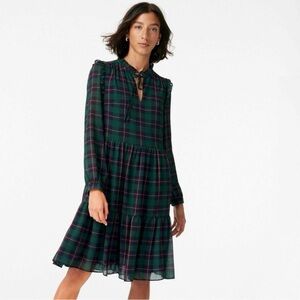 J. Crew Tartan Green Plaid Long-Sleeve Tiered Dress with Tie Neck